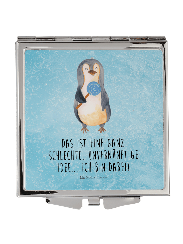 Schminkspiegel Pinguin Lolli mit Spruch in Eisblau