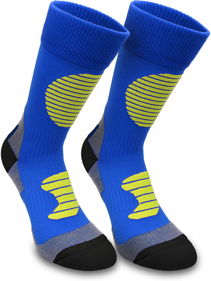 3 Paar Sportsocken mit Schienbein- und Fußrückenpolster in Blau/Gelb