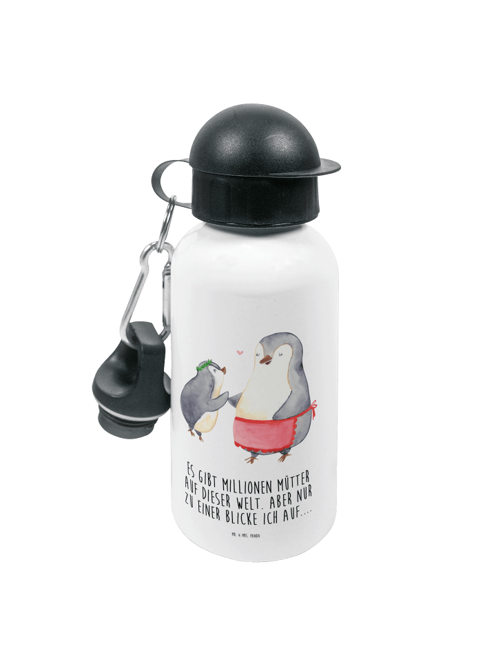 Trinkflasche Pinguin mit Kind mit Spruch in Weiß