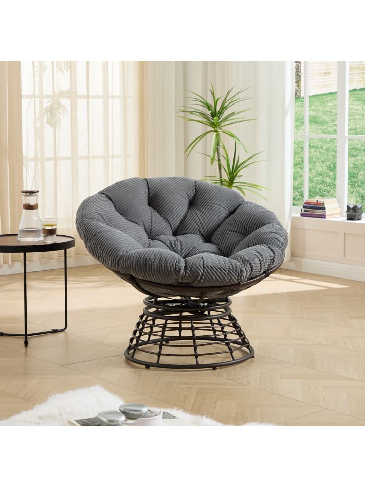 Papasan Sessel in Dunkelgrau Rattan 360 Grad drehbar mit Kissen für Wohnzimmer