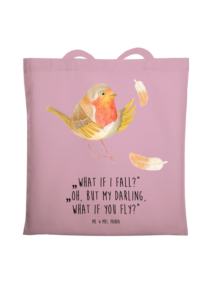 Tasche Rotkehlchen Federn mit Spruch in Rosa Pastell
