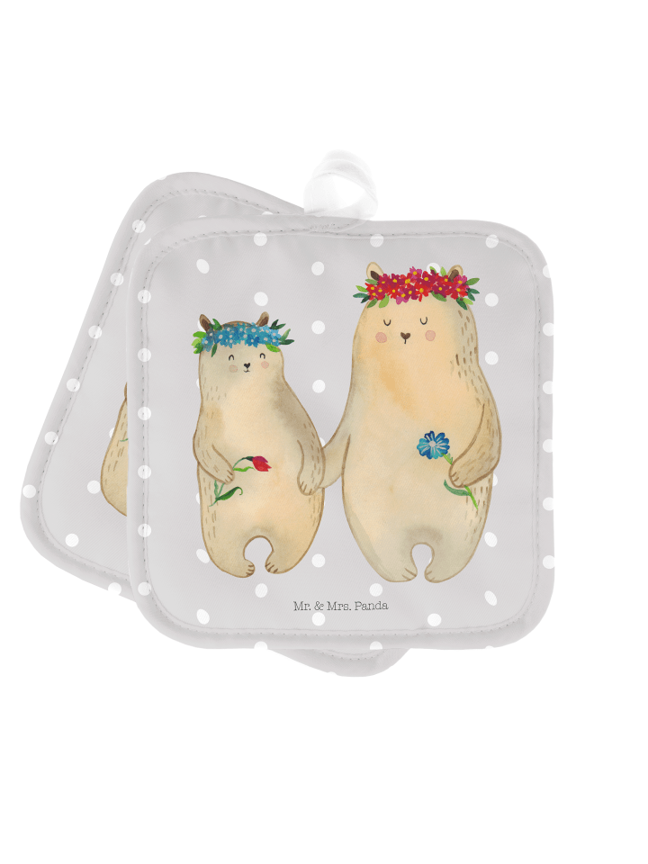 Topflappen Bären mit Blumenkranz ohne Spruch in Grau Pastell