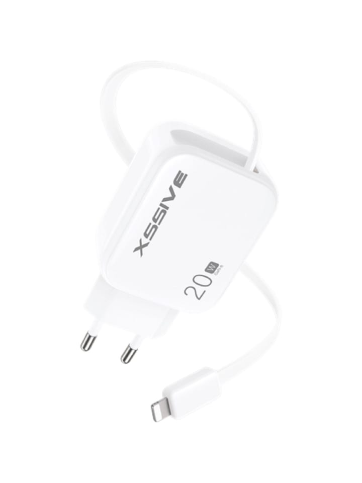 Xssive 20W PD GAN-Schnellladegerät mit einziehbarem 8-Pin-Kabel in Weiß