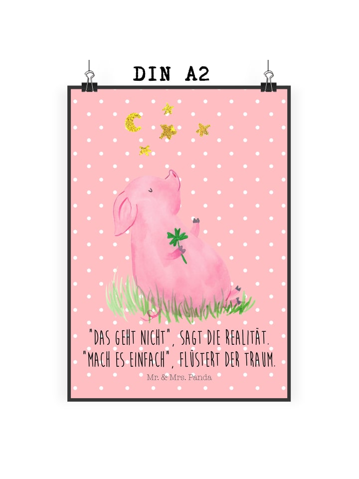 Kunstdruck Schwein Glück mit Spruch in Rot Pastell