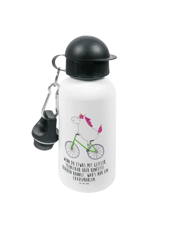Wasserflasche Einhorn Radfahrer mit Spruch in Weiß