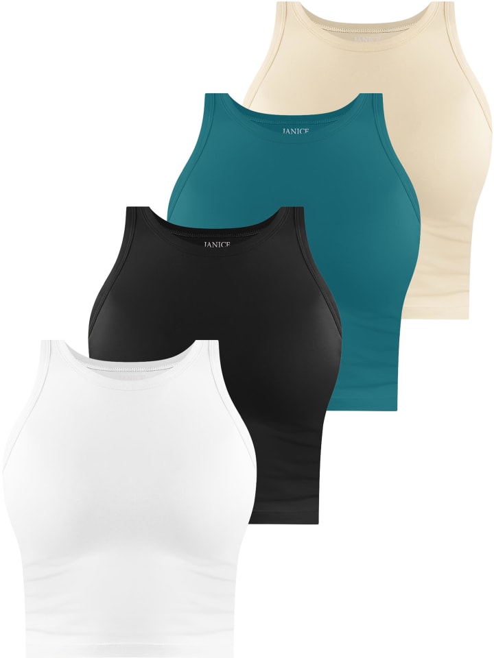 4 x Damen crop Top hochgeschlossen Niah in Weiß/Schwarz/Petrol/Beige