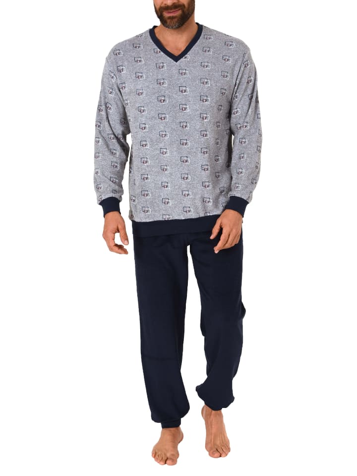 Frottee Pyjama Schlafanzug lang Bündchen print - 59032 in grau