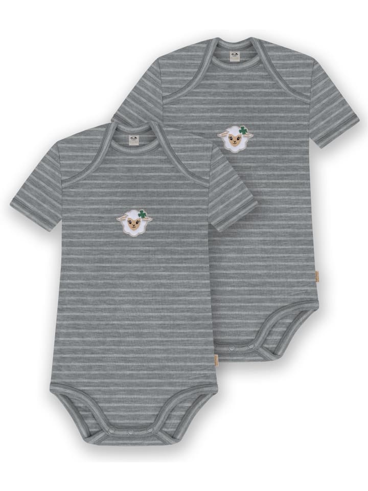 2er Set Baby Merino Body Kurzarm Tauranga in Grau gestreift