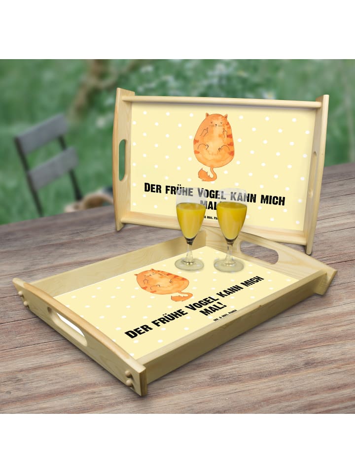 Servier Tablett Katze Frühaufsteher mit Spruch in Gelb Pastell