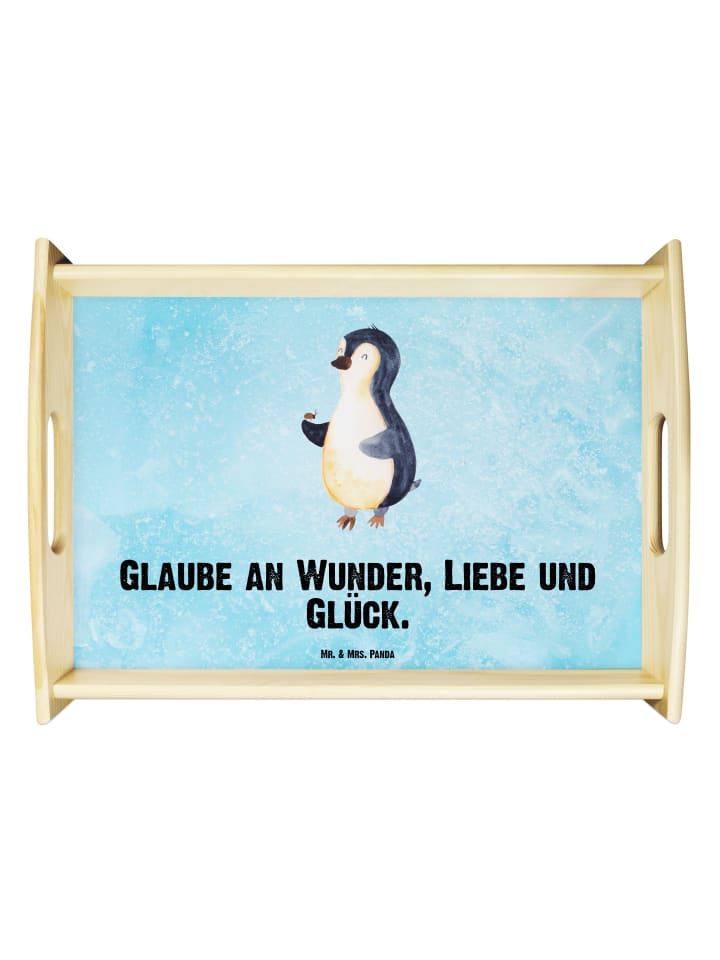 Holztablett Pinguin Marienkäfer mit Spruch in Eisblau