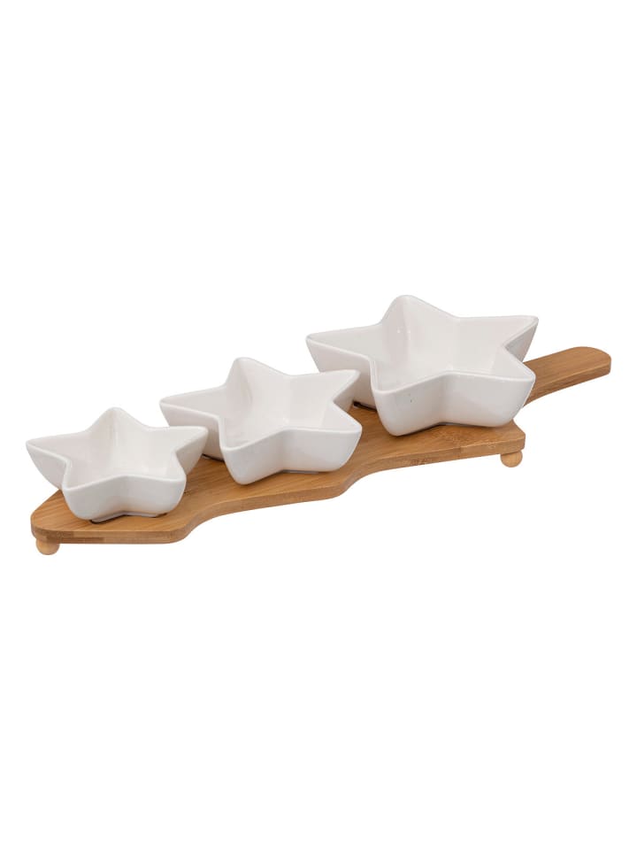 Set von Sternförmigen Schalen auf einem Bambusuntersetzer in Weiß, 42 cm