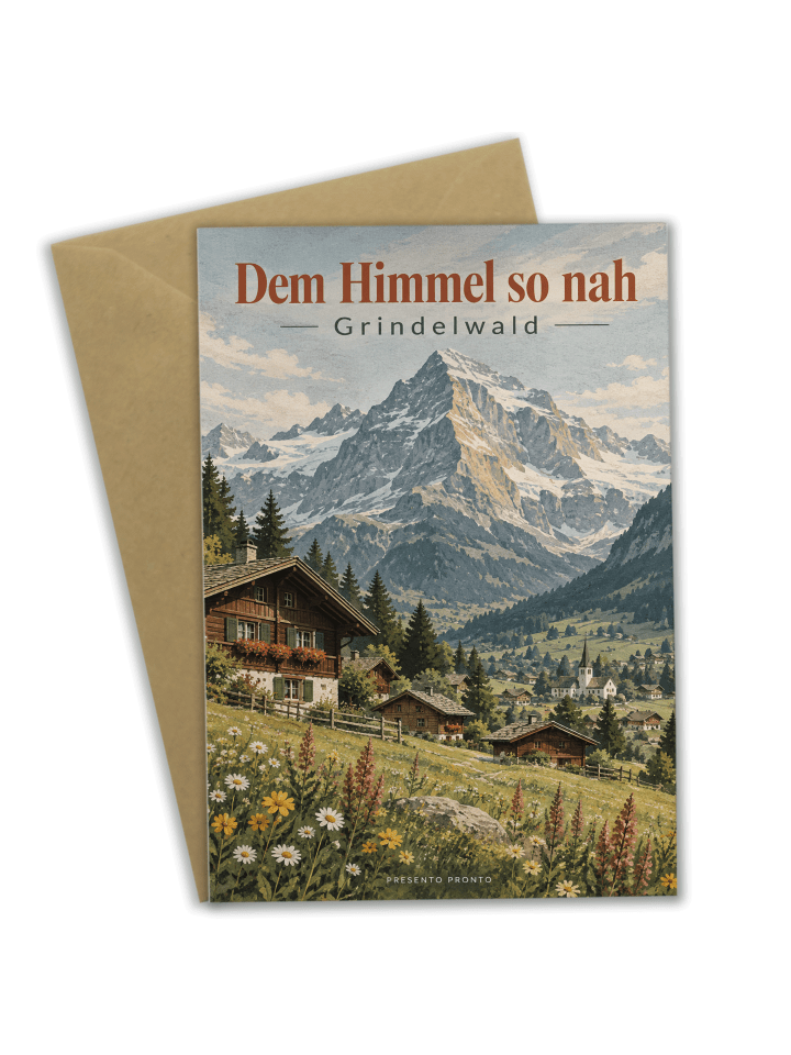 Grußkarte Bergdorf malerisch Design mit Spruch in Weiß