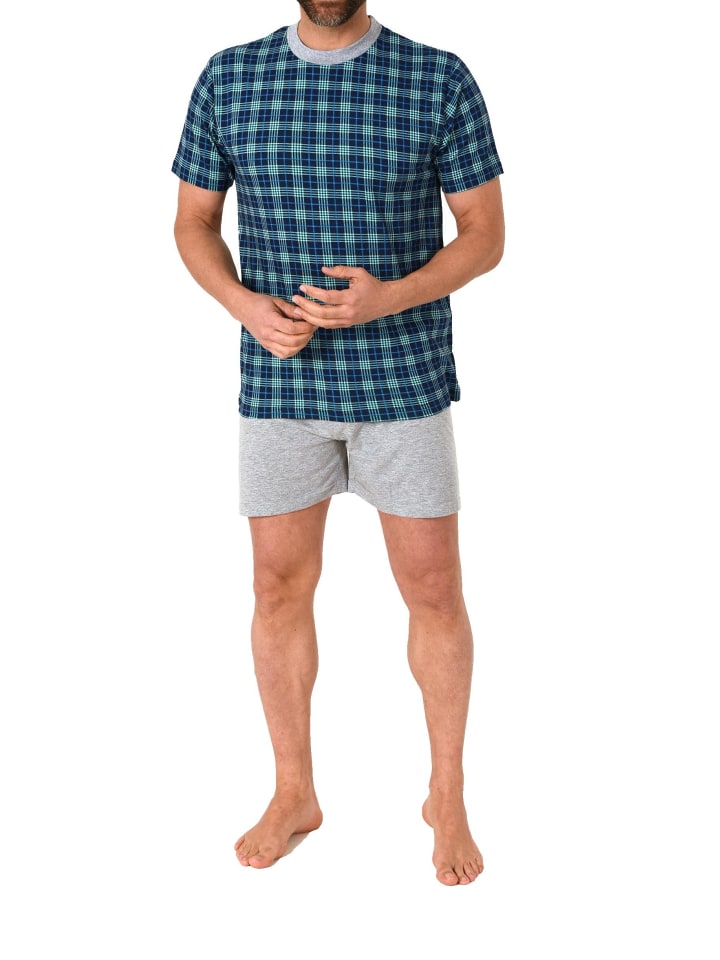 kurzarm Schlafanzug Shorty Pyjama Rundhal karo Look - 67338 in türkis