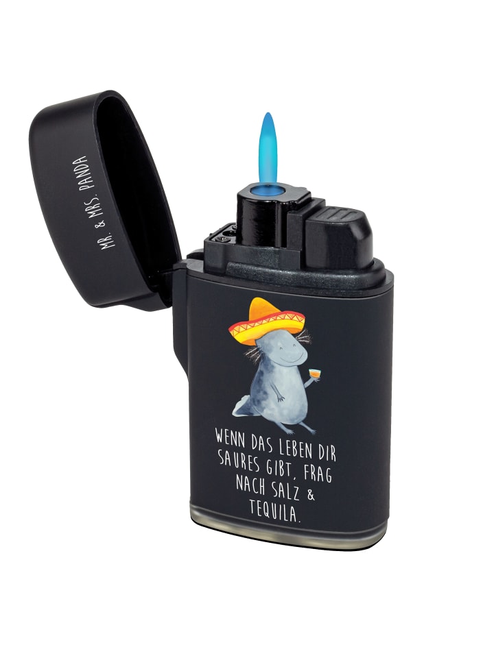 Sturmfeuerzeug Axolotl Tequila mit Spruch in Schwarz