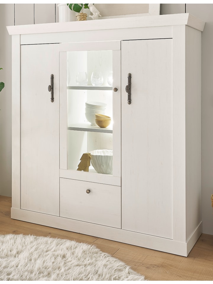 Highboard weiß Pinie Landhaus, Vitrine 140 x 146 cm, Soft-Close-Funktion
