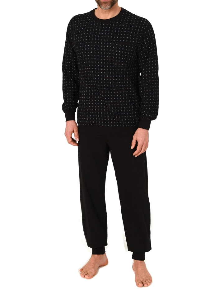 Langarm Schlafanzug Pyjama Minimalprint in schwarz