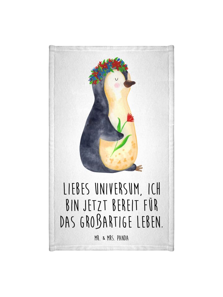 Handtuch Pinguin Blumen mit Spruch in Weiß