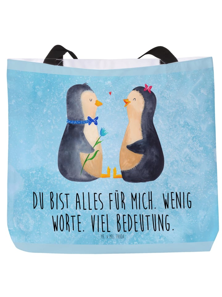 Stofftasche Pinguin Pärchen mit Spruch in Eisblau