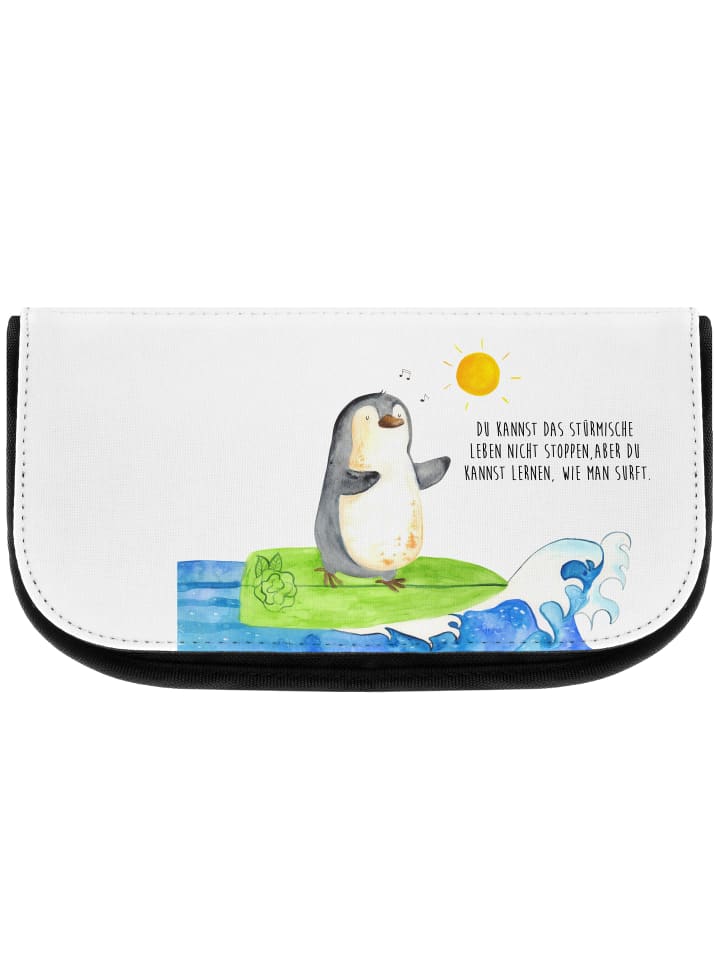 Kosmetiktasche Pinguin Surfer mit Spruch in Weiß