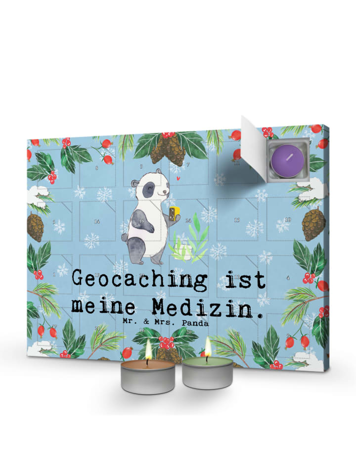Adventskalender Panda Geocaching mit Spruch in Eisblau