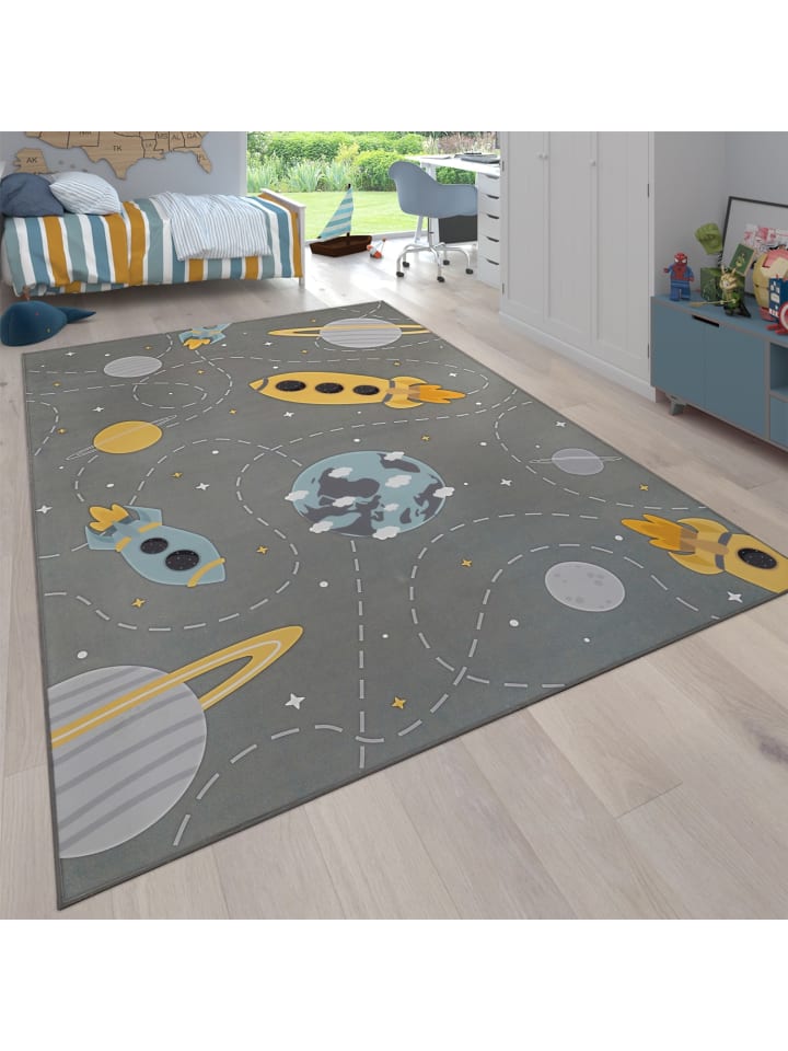 Kinderteppich waschmaschinenwaschbar Weltraumraketen Kinderzimmer in Grau