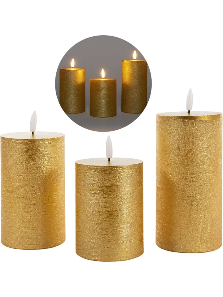 3er Set Led Kerzen 7,5cm ø Kerze flackernde Flamme mit Fernbedingung G in Gold