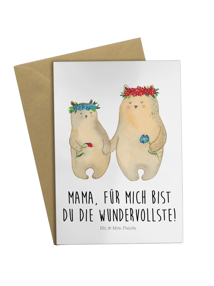 Grußkarte Bären mit Blumenkranz mit Spruch in Weiß
