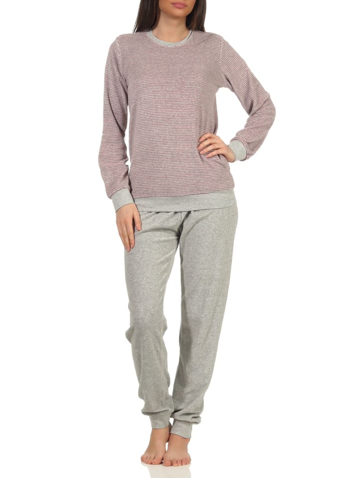 Frottee Pyjama langarm Bündchen Streifen - 70537 in grau