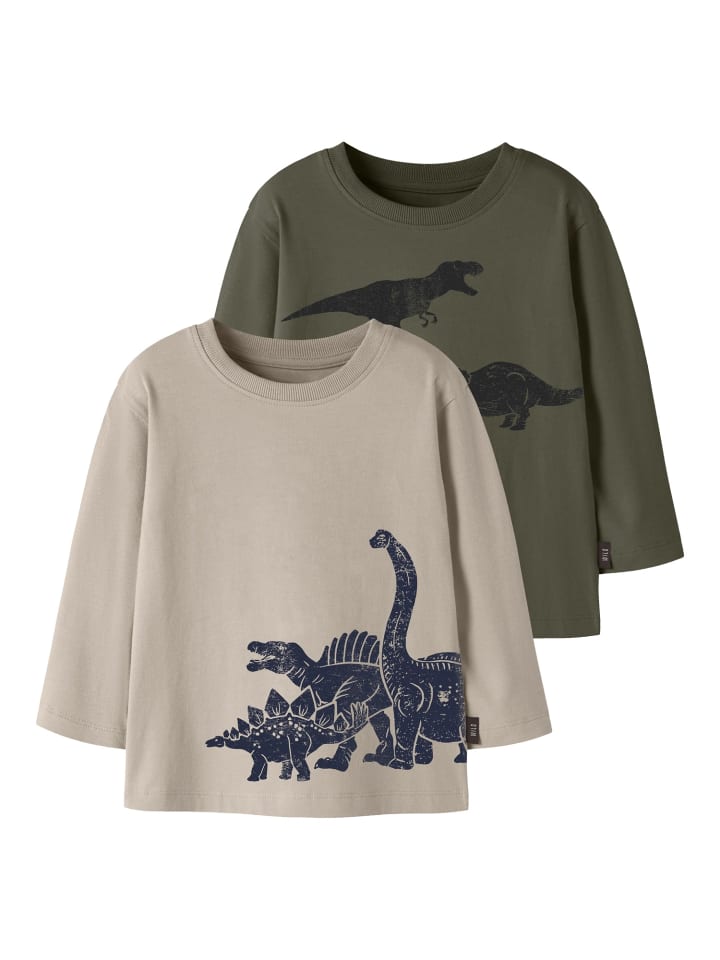 2er Pack Langarmshirts Dino-Print Nmmrima in olive night island fossil