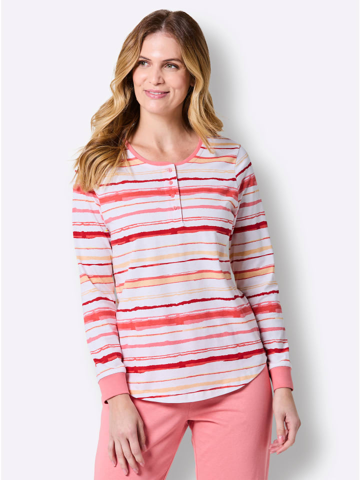 Schlafanzug-Shirt in flamingo-weiß-gestreift