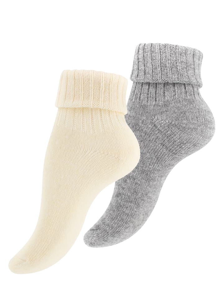 2 Paar Wollsocken Alpaka Socken mit Umschlag in ecru/hellgrau