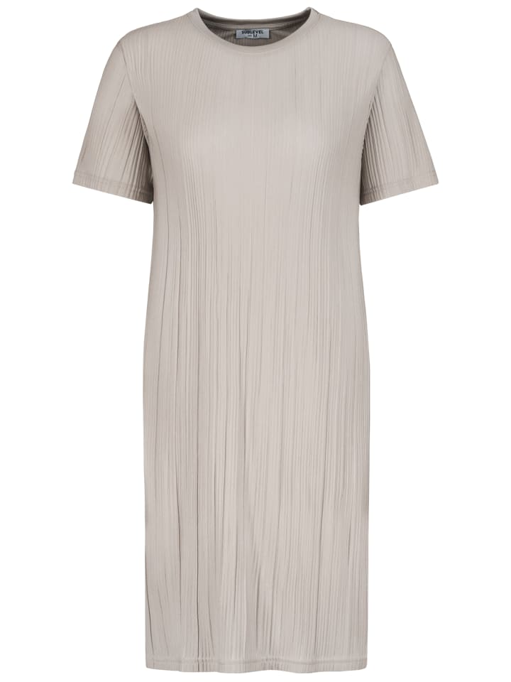 Geripptes Kleid mit kurzem Arm und Rundhalsausschnitt in Beige-2