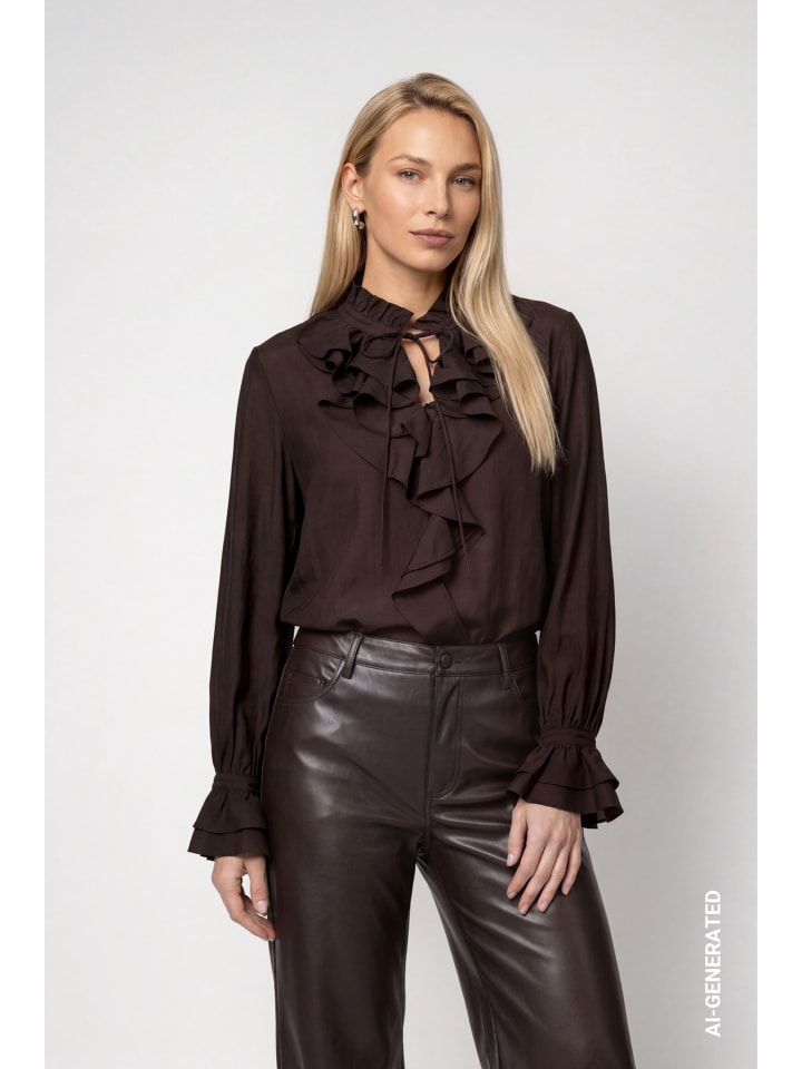 Bluse mit Volants und Stehkragen in Black Coffee