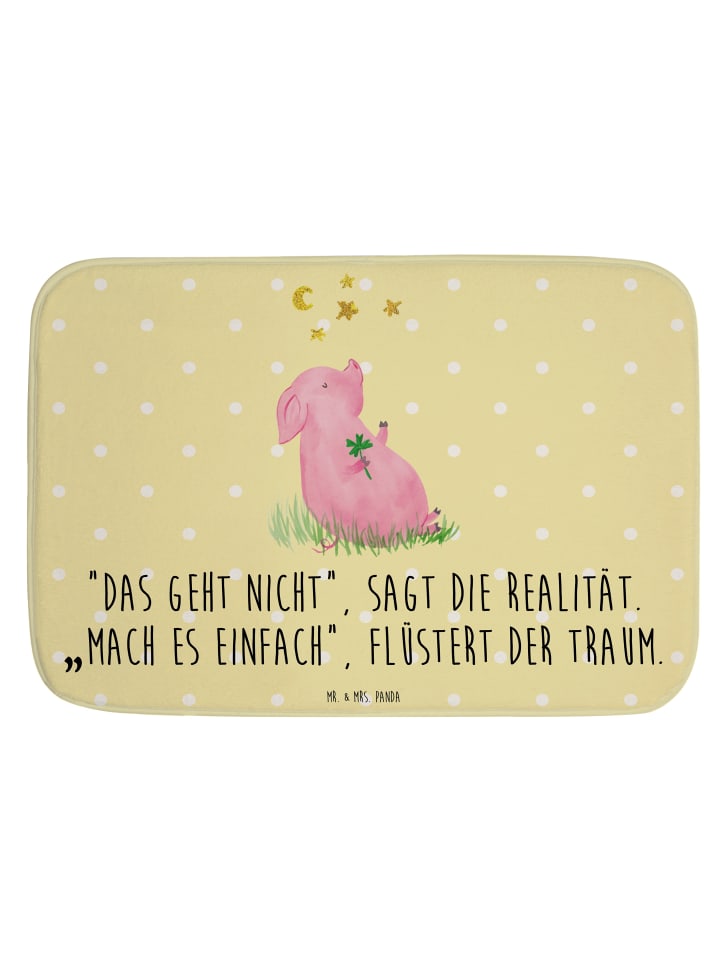Badteppich Schwein Glück mit Spruch in Gelb Pastell