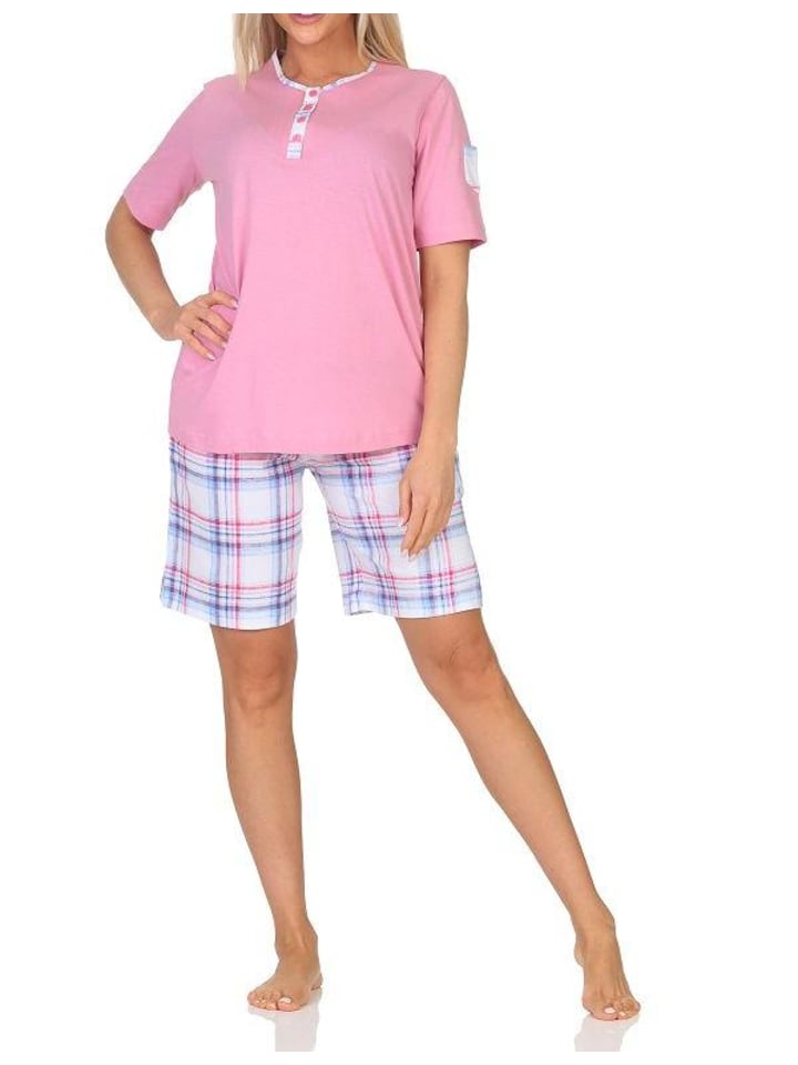 Schlafanzug kurzarm Pyjama Shorty karierte Jersey Hose - 85271 in rosa