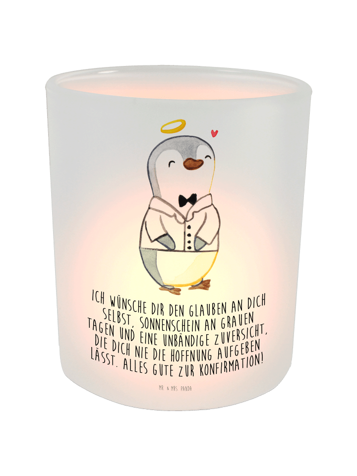Kerzenhalter Pinguin Konfirmation Hemd mit Spruch in Transparent