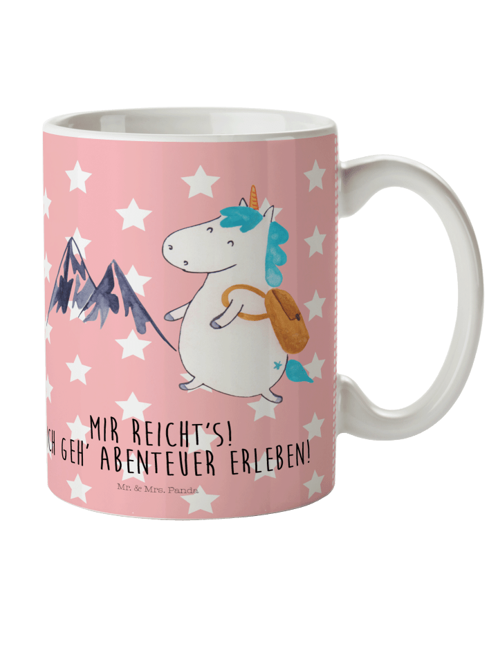 Tasse Einhorn Bergsteiger mit Spruch in Rot Pastell
