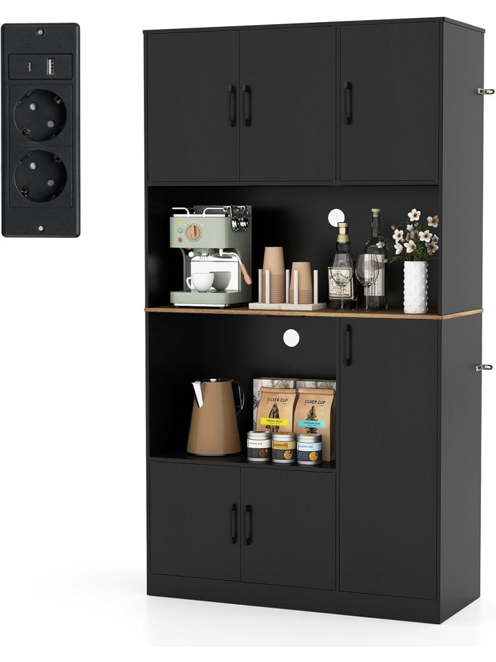 Küchenschrank Holz Buffetschrank mit Steckdose 100 x 40 x 180 cm in Schwarz