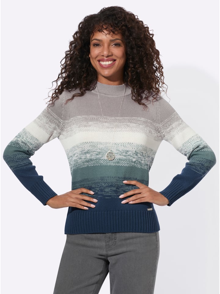 Langarm-Pullover in steingrau-jade-geringelt