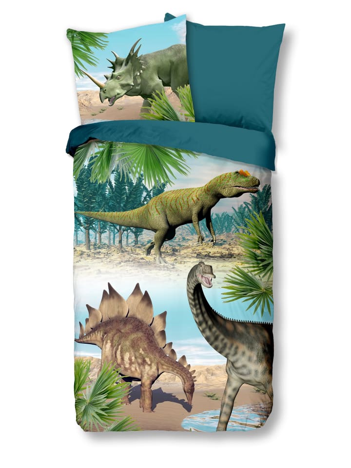 Renforcé Kinder Bettwäsche - Dinosaurier in grün