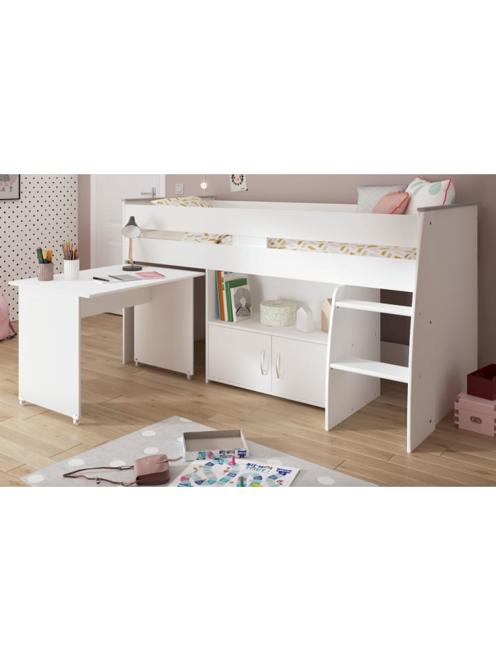 Hochbett weiß Jugendzimmer Bett 90 x 200 mit Schreibtisch ausziehbar