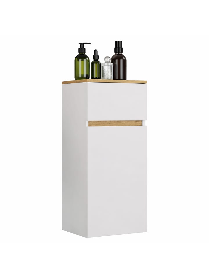 Badschrank Hängeschrank Schublade Cosila 85x30x32 in Weiß / Honig-Eiche