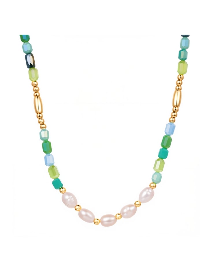 Kette aus Metall-Legierung mit Glas und Süßwasser-Zuchtperle in gelbgold