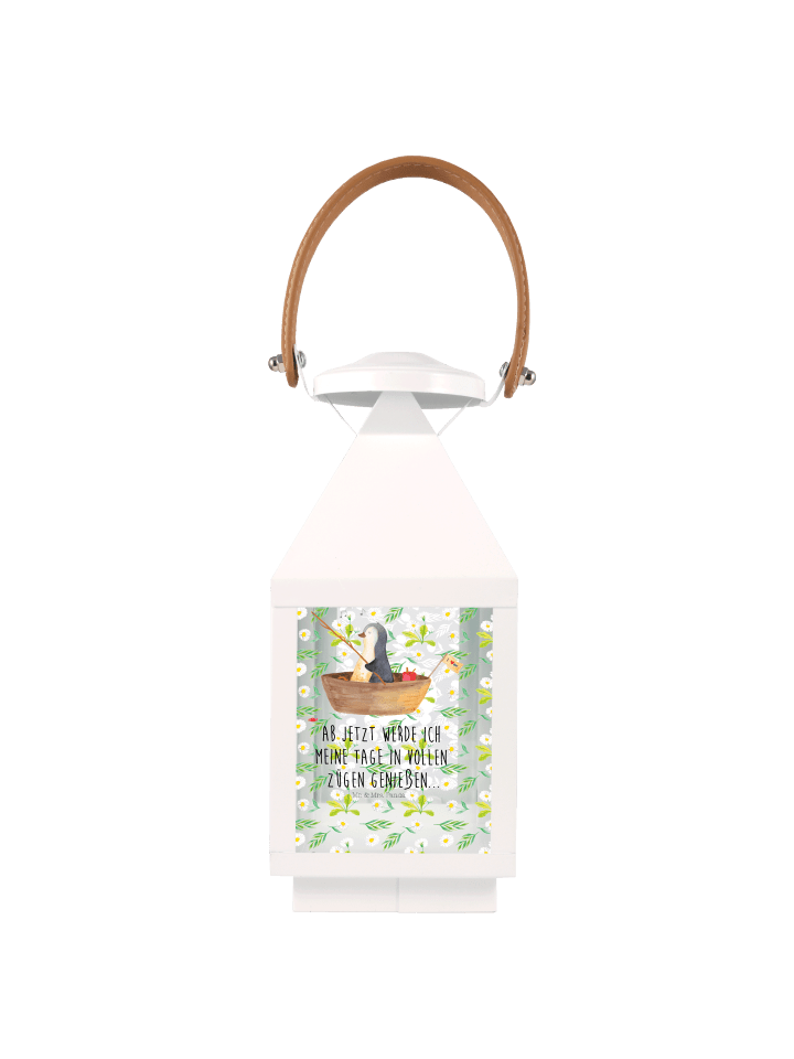 Metall Laterne Pinguin Angelboot mit Spruch in Transparent