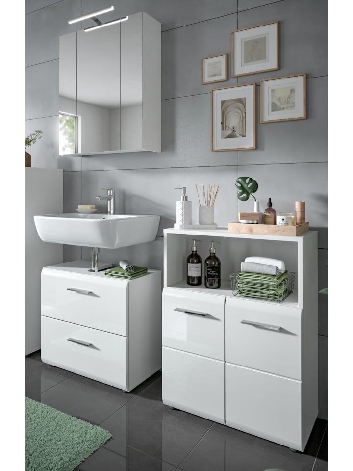 Badmöbel-Set weiß Hochglanz 3-teilig 135 cm, Badmöbel mit viel Stauraum