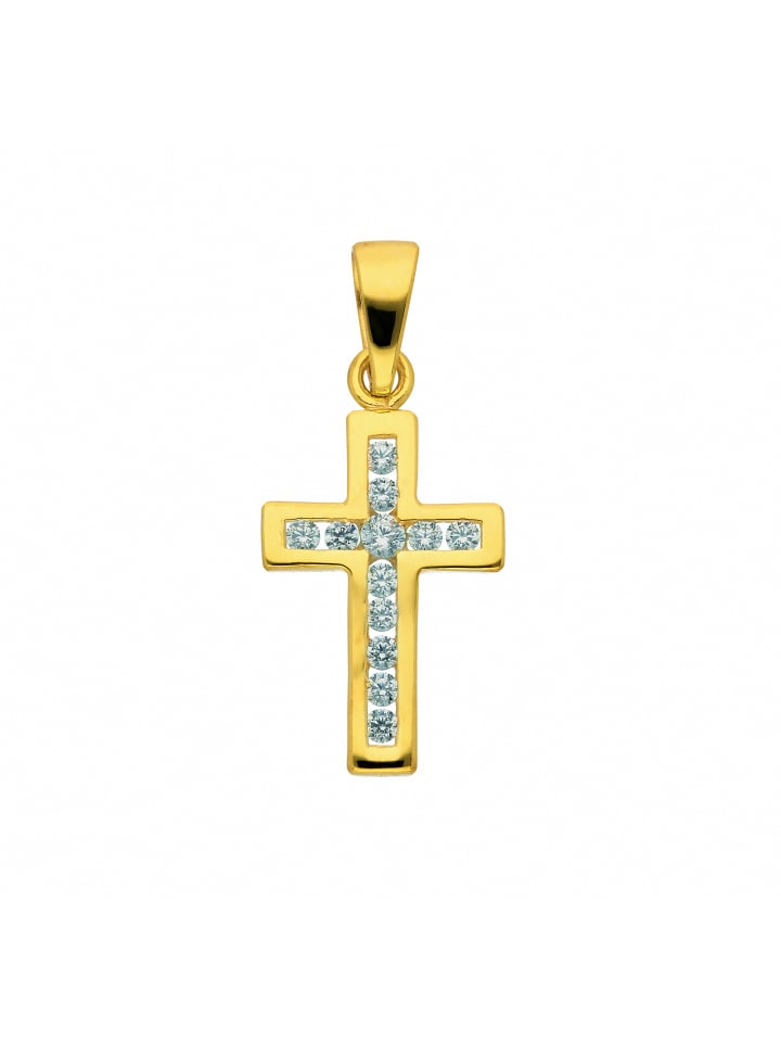 Damen & Herren 375 Gold Kreuz Anhänger mit Zirkonia in gold