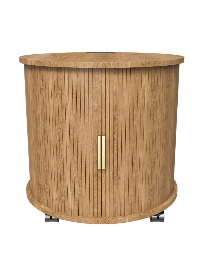 Nachttisch in Eiche 60x60x60 cm mit Ladestation Schiefetür Stauraum Rollbar
