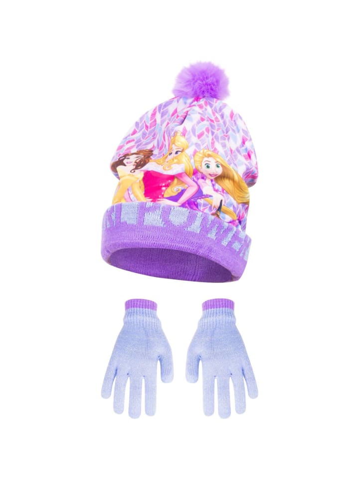 Disney Prinzessin Mütze mit Pompon und passenden Handschuhen in Lila