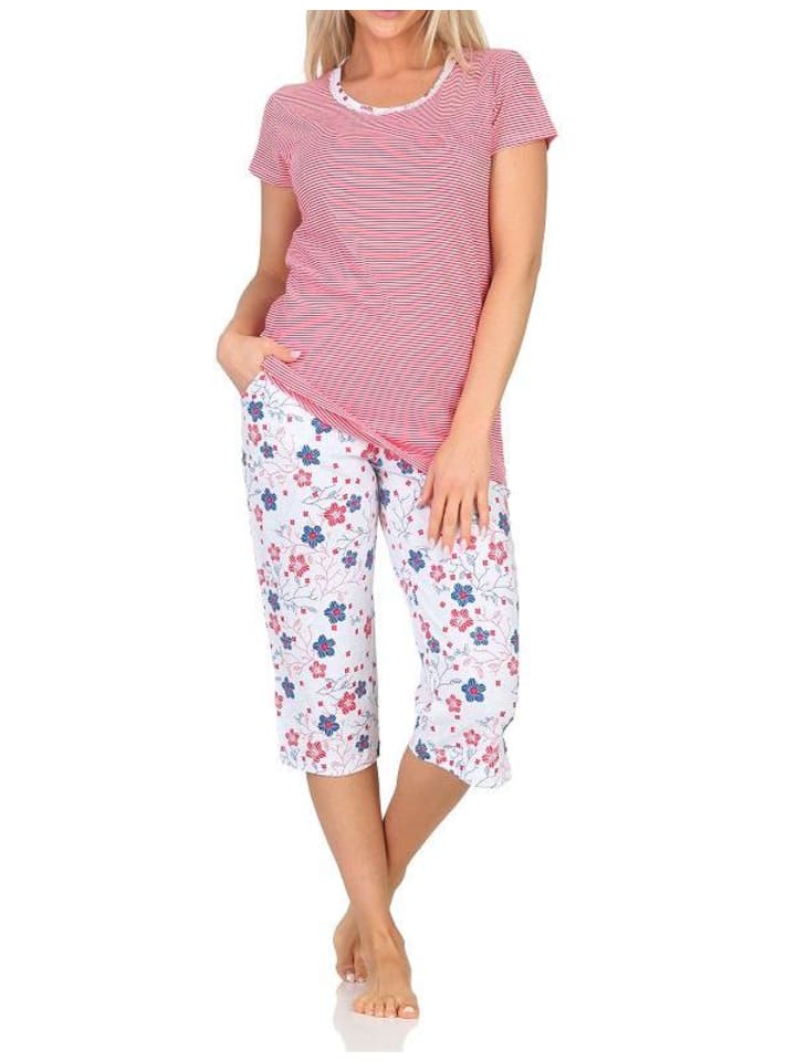 Kurzarm Schlafanzug Capri Pyjama Streifen - 85077 in rot