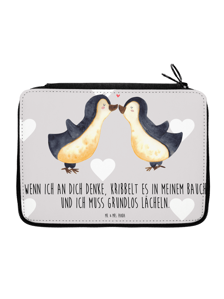 Federmappe Pinguine Kuss mit Spruch in Grau Pastell
